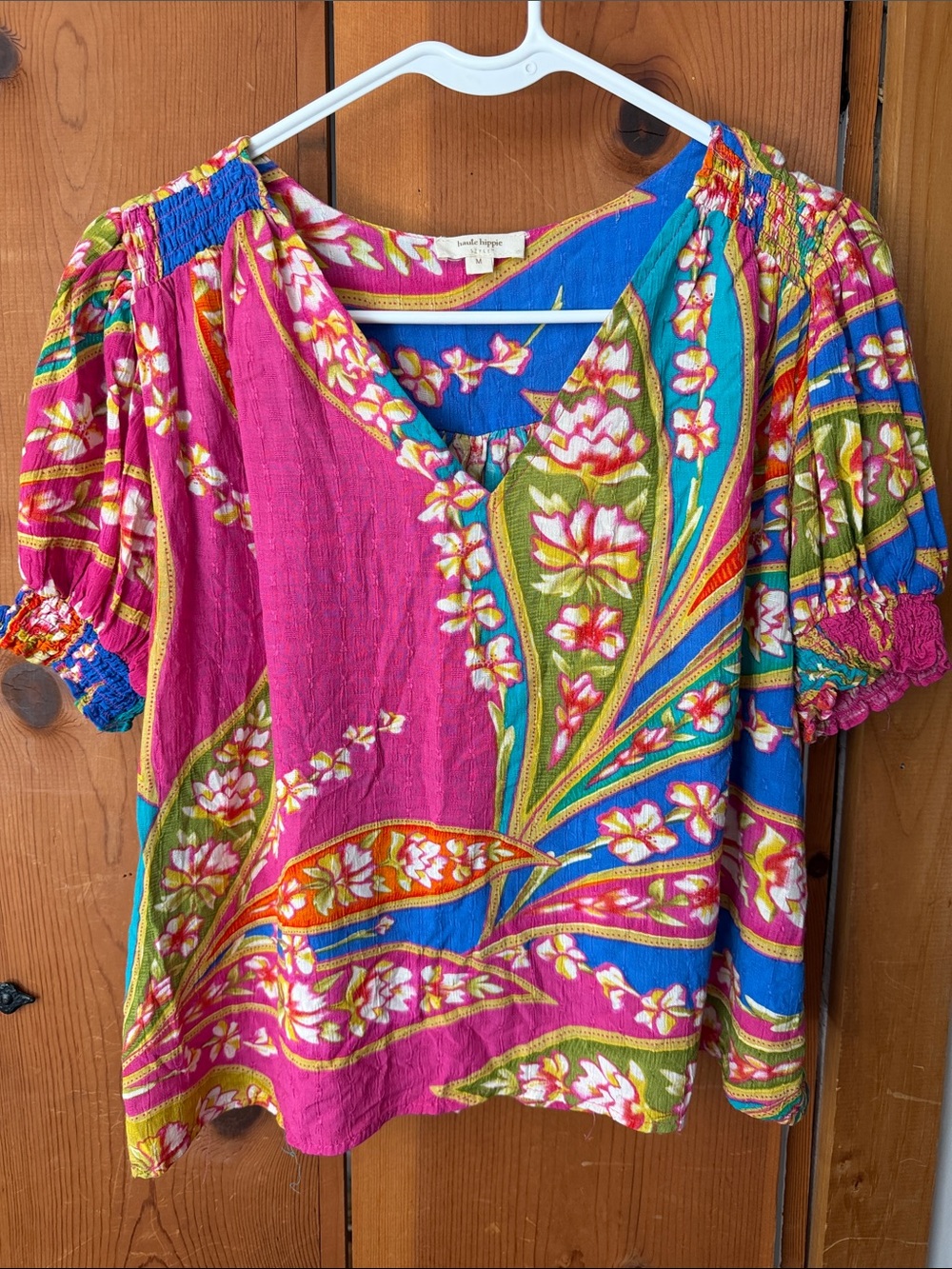 Haute Hippie Floral Peasant Blouse in Pink, Blue & Green